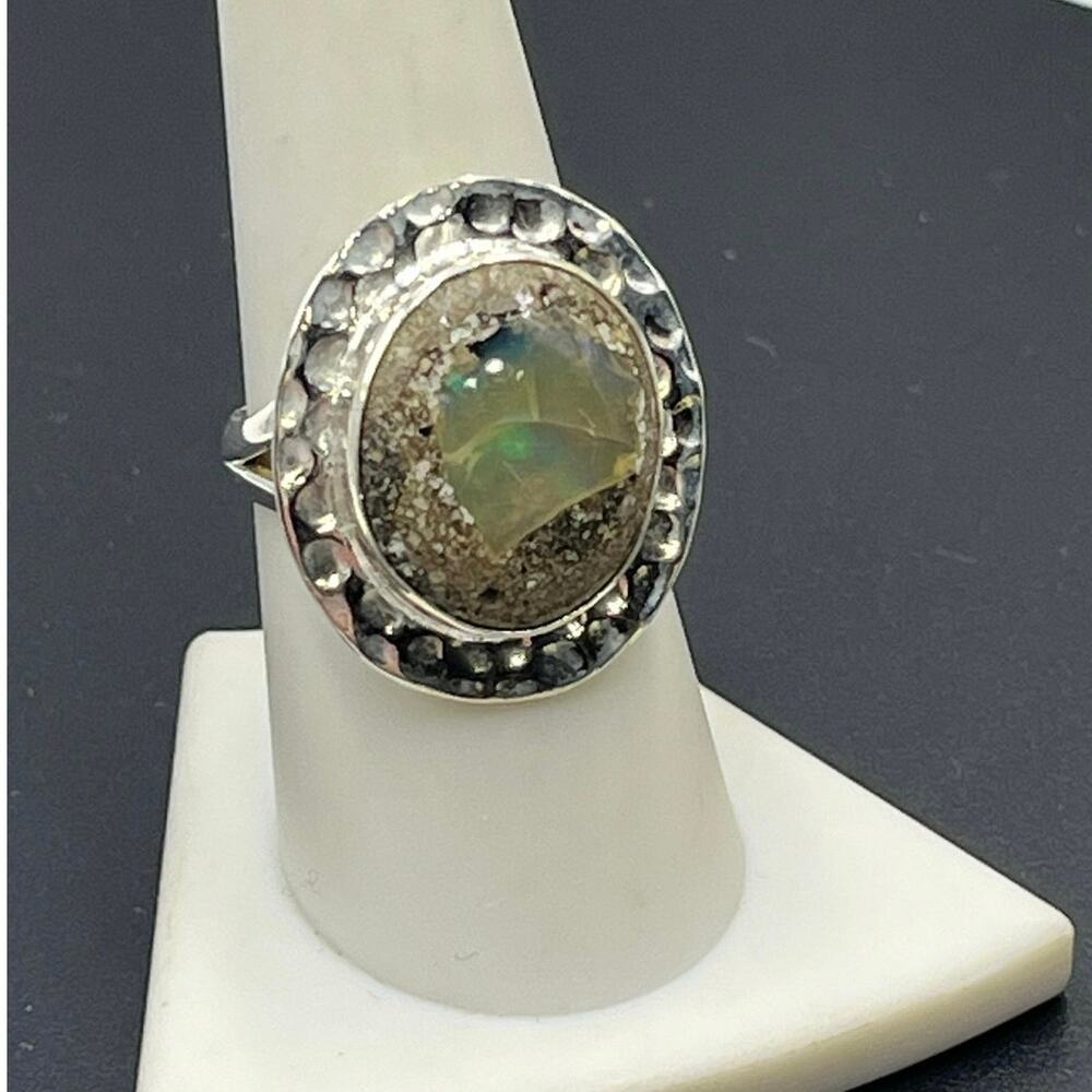 Sterling Silver Bezel Set Cabochon Boulder Opal Ring Size 8.75‎